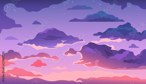 Cartoon evening sky. Sunset or morning landscape with clouds and gradient sky, colorful heaven skies background. Vector illustration cloudy summer dark evening air with shine stars photo