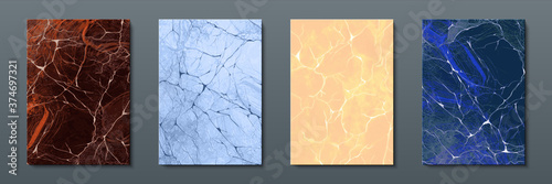 Marble posters. Abstract patter of liquid paint or stone texture, modern graphic template of acrylic brochure or invitation. Vector realistic set image artful stone design for modern backgrounds