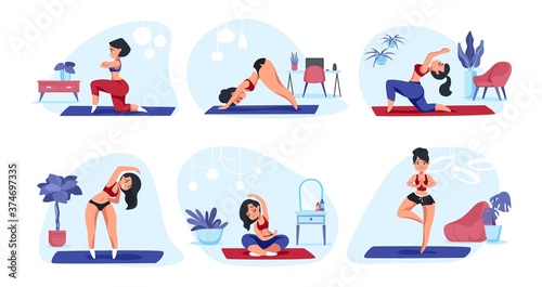 Home yoga. Cartoon girl doing physical exercises meditation and sport activities, healthy lifestyle concept. Vector trendy flat image set women exercises for relaxation and relaxed