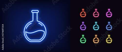 Neon beaker icon. Glowing neon lab sign, clinical research