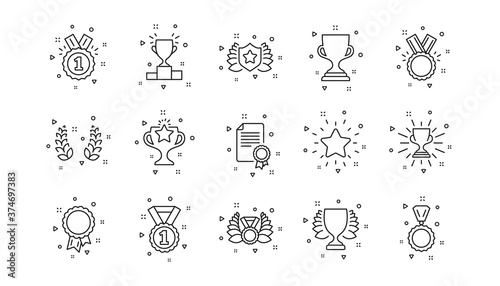 Winner medal, Victory cup and Trophy reward. Award line icons. Achievement linear icon set. Geometric elements. Quality signs set. Vector