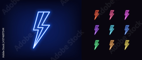 Neon lightning bolt icon. Glowing neon thunder flash sign, electrical discharge