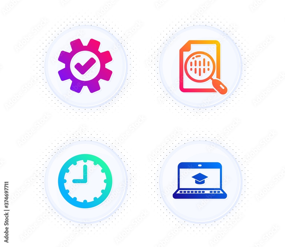 Analytics chart, Service and Time icons simple set. Button with halftone dots. Website education sign. Report analysis, Cogwheel gear, Office clock. Video learning. Science set. Vector