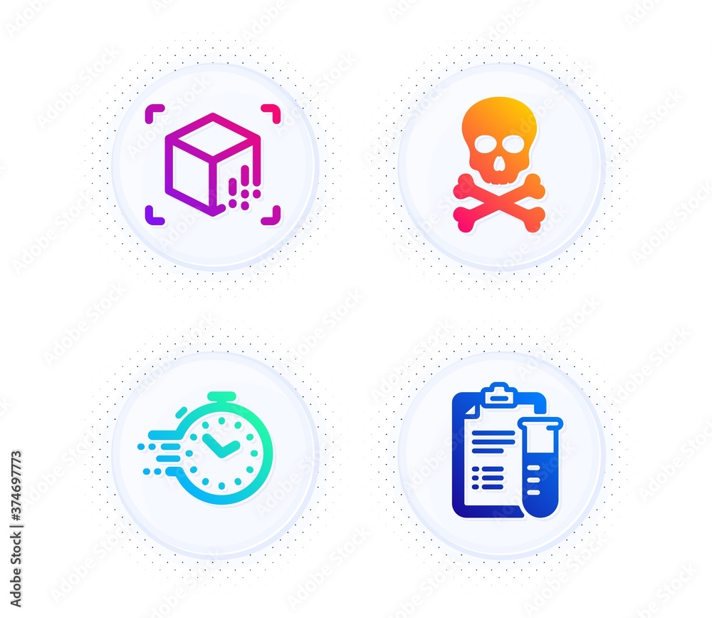 Chemical hazard, Augmented reality and Timer icons simple set. Button with halftone dots. Medical analyzes sign. Toxic death, Virtual reality, Deadline management. Medicine results. Vector
