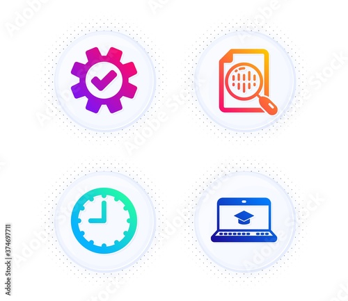 Analytics chart, Service and Time icons simple set. Button with halftone dots. Website education sign. Report analysis, Cogwheel gear, Office clock. Video learning. Science set. Vector