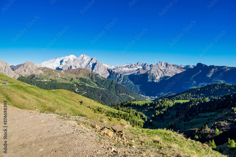 Panorama of the Alpes at Canazei in Dolomites, Trentino Alto Adige. Italy