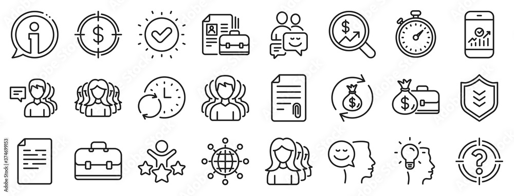 Group, Profile and Teamwork icons. Business user line icons. Portfolio, Timer and Security shield symbols. Business analytic, human management, user group. Person profile, teamwork support. Vector
