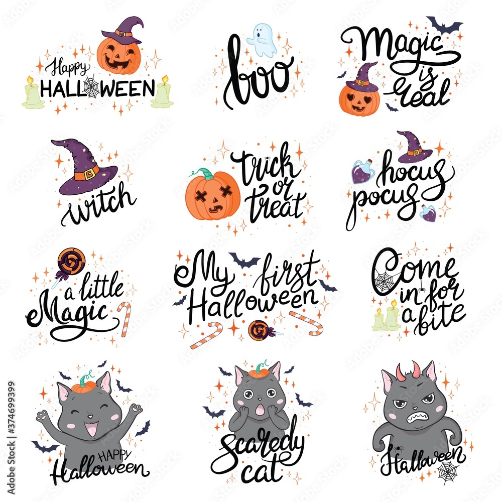 Fototapeta premium Happy Halloween hand drawn illustrations and elements. Halloween design elements, logos, badges, labels, icons and objects.