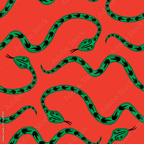 Seamless background of decorative cartoon creeping green snakes
