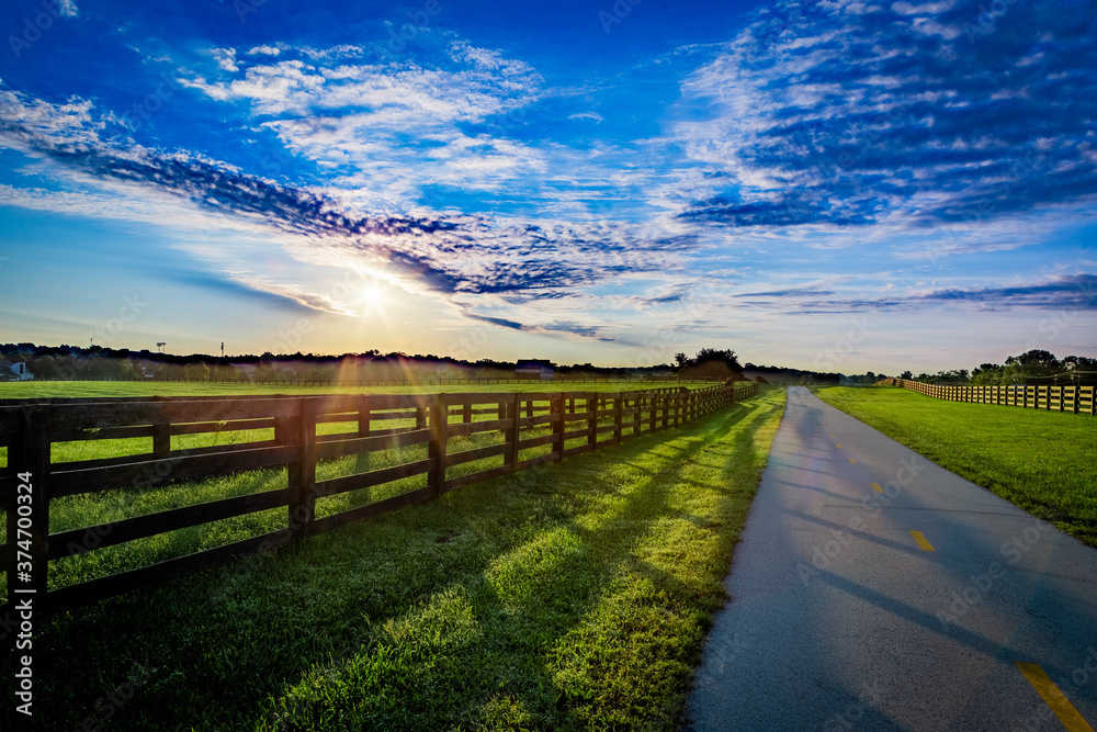 Perspective toward horizon of bicycle trail between horse farm fences near city of Lexington, Kentucky, USA