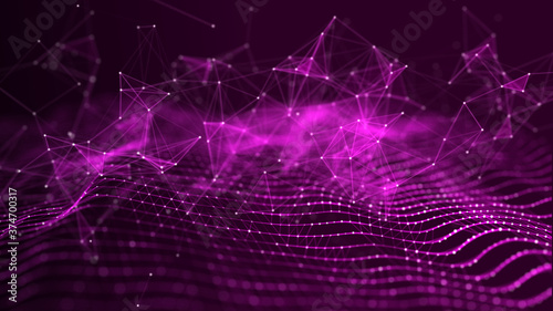Digital dynamic wave. Abstract futuristic background. Network connection structure with dots and lines. 3D rendering.