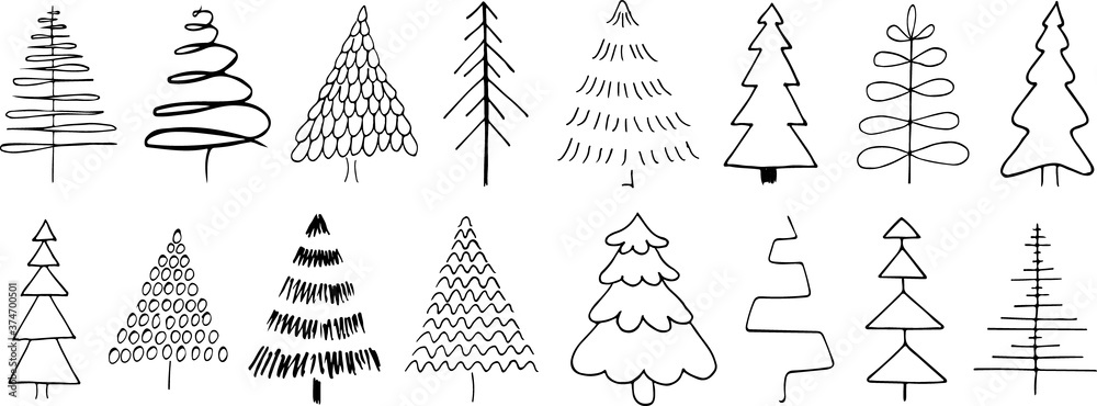 Christmas tree doodle outline vector icons set Christmas tree doodle outline vector icons set