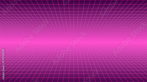 Abstract wireframe landscape 1980s style. Retro futuristic vector grid. Technology neon background.