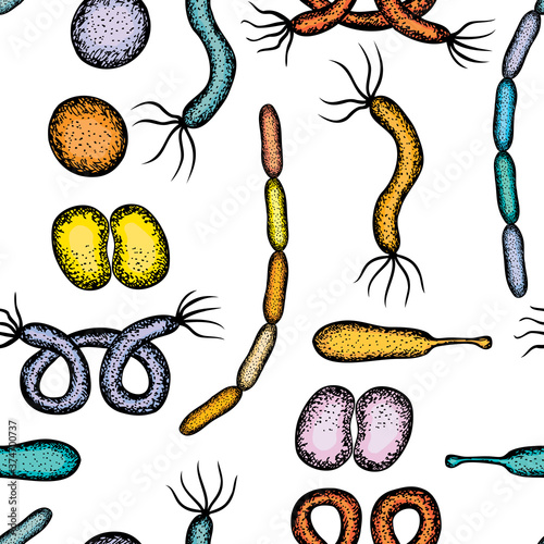 Seamless pattern of set various drawn colorful bacterias