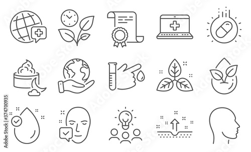 Set of Healthcare icons, such as Face accepted, Organic product. Diploma, ideas, save planet. Medical help, Head, Leaves. Vitamin e, Blood donation, World medicine. Vector