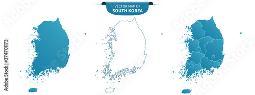 blue colored political maps of South Korea isolated on white background