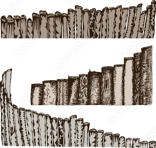 Vector drawings of various fences from wooden logs