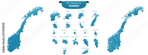 blue colored political maps of Norway isolated on white background