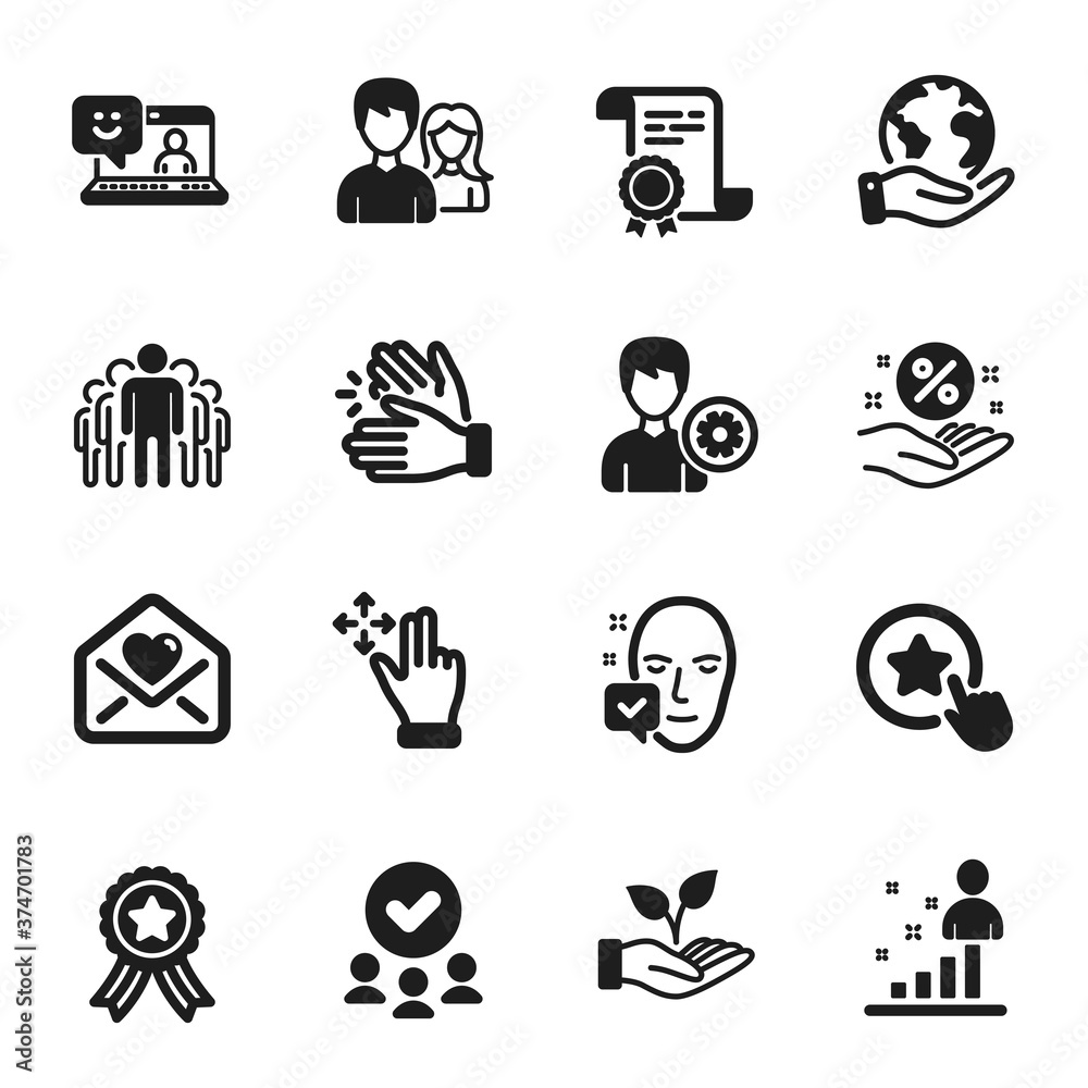 Set of People icons, such as Clapping hands, Loan percent. Certificate, approved group, save planet. Smile, Teamwork, Support. Stats, Move gesture, Love letter. Vector Set of People icons, such as Clapping hands, Loan percent. Certificate, approved group, save planet. Smile, Teamwork, Support. Stats, Move gesture, Love letter. Vector