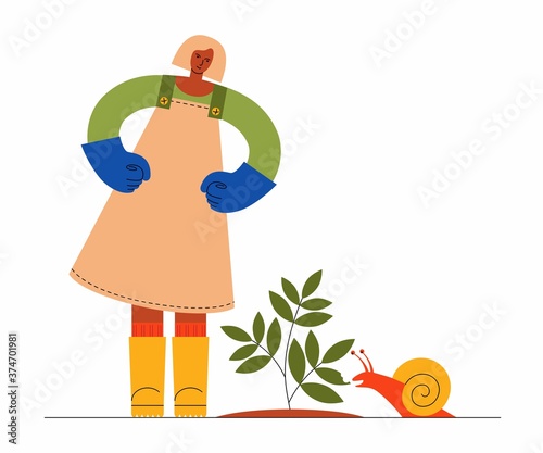Female farmer, gardener and snail eating the plant. Vector flat illustration