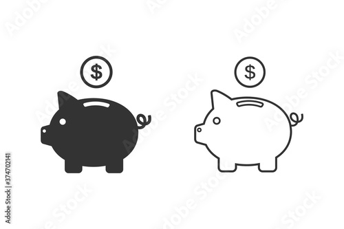 Piggy bank line icon vector with dollar coin and moneybox flat sign symbols logo illustration 