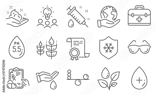 Set of Healthcare icons, such as Plants watering, Medical syringe. Diploma, ideas, save planet. Balance, Eyeglasses, Clean skin. Ph neutral, Skin care, Gluten free. Vector