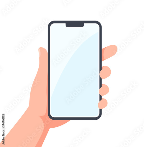 Mobile phone in hand. Hand holding smartphone. Flat design