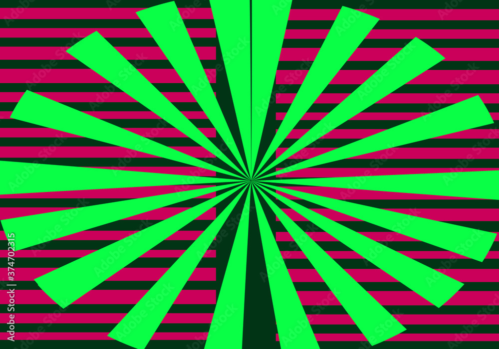 Fototapeta premium Estampado radial verde sobre fondo de rayas rojas y negras