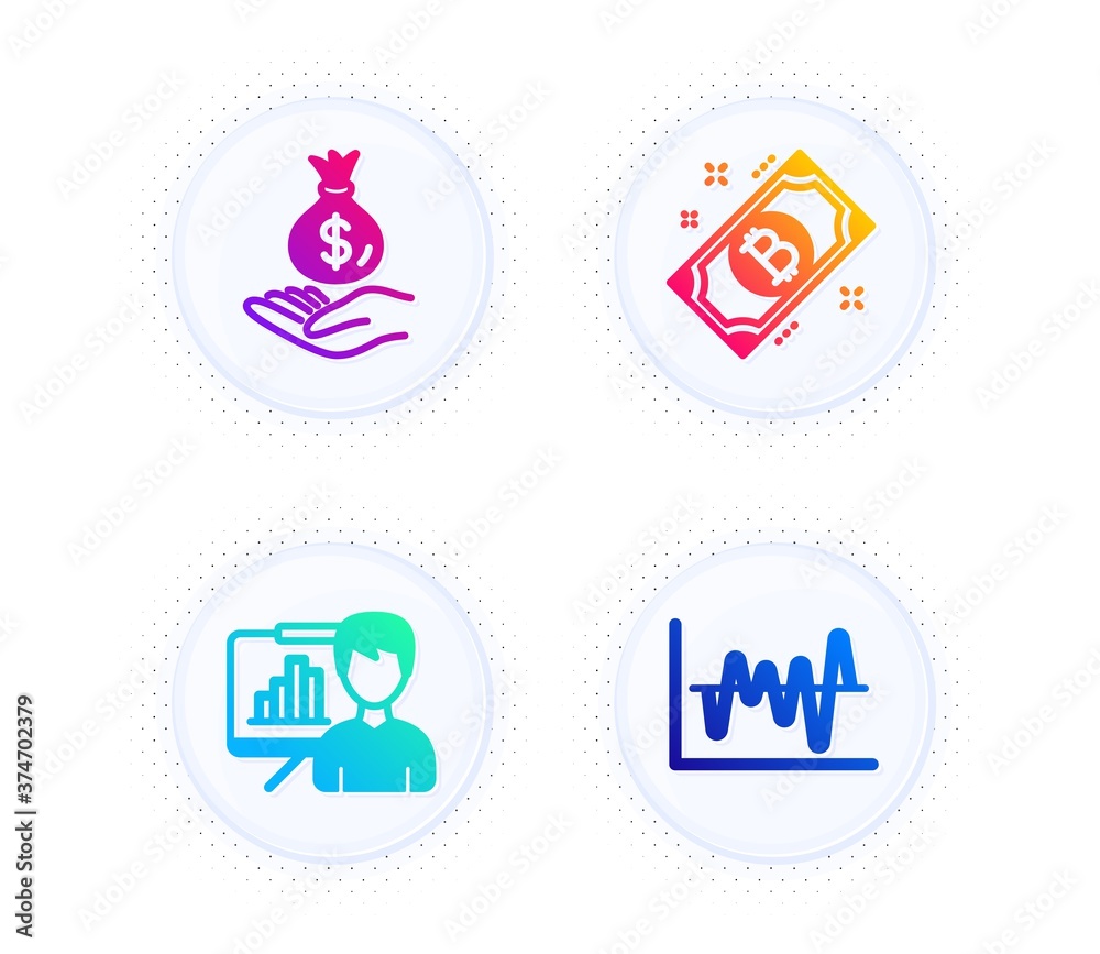 Bitcoin, Income money and Presentation board icons simple set. Button with halftone dots. Stock analysis sign. Cryptocurrency coin, Savings, Growth chart. Business trade. Finance set. Vector