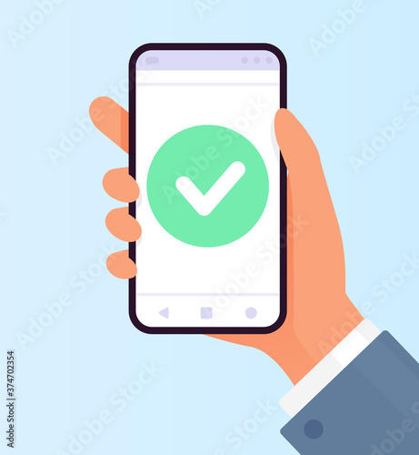 Smartphone screen. Hand holds the smartphone. Vector illustration.