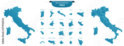 blue colored political maps of Italy isolated on white background