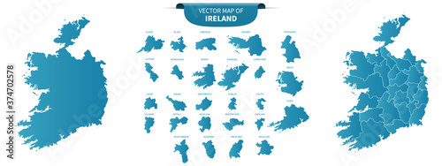 blue colored political maps of Ireland isolated on white background