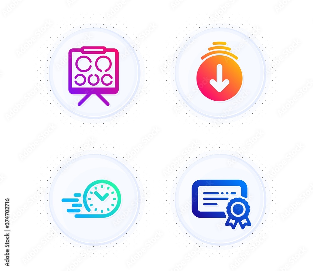Scroll down, Fast delivery and Vision board icons simple set. Button with halftone dots. Certificate sign. Swipe screen, Stopwatch, Eye check. Verified document. Business set. Vector