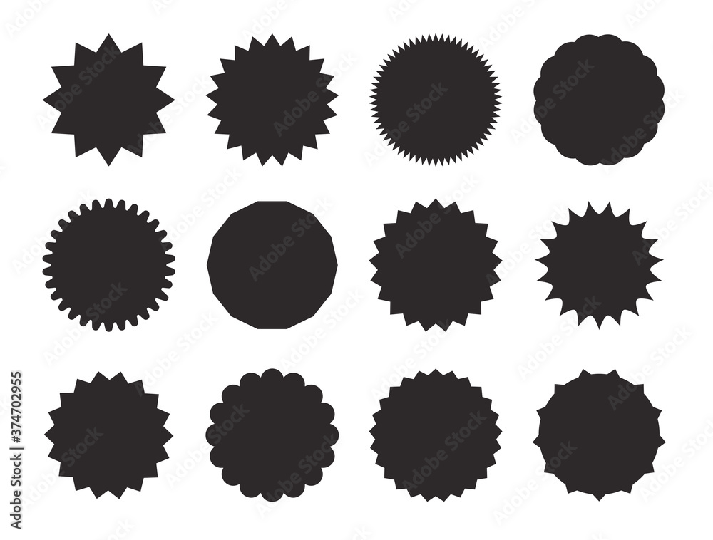 Starburst stickers. Black on white color. Simple flat style Vintage labels, stickers. A collection of different types icon. Starburst stickers. Black on white color. Simple flat style Vintage labels, stickers. A collection of different types icon.