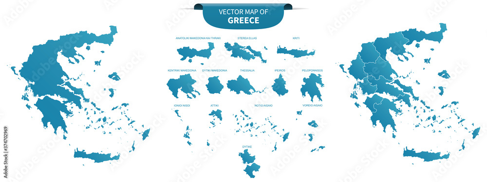 blue colored political maps of Greece isolated on white background - obrazy, fototapety, plakaty 