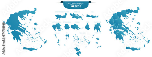 blue colored political maps of Greece isolated on white background