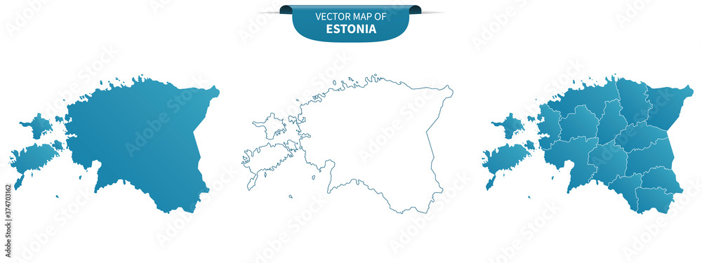 Naklejka niebieskie kolorowe mapy polityczne Estonii na białym tle