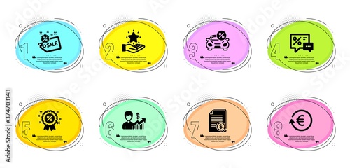 Sale, Car leasing and Discounts signs. Timeline infographic. Exchange currency, Financial documents and Business growth line icons set. Loyalty program, Discount symbols. Vector