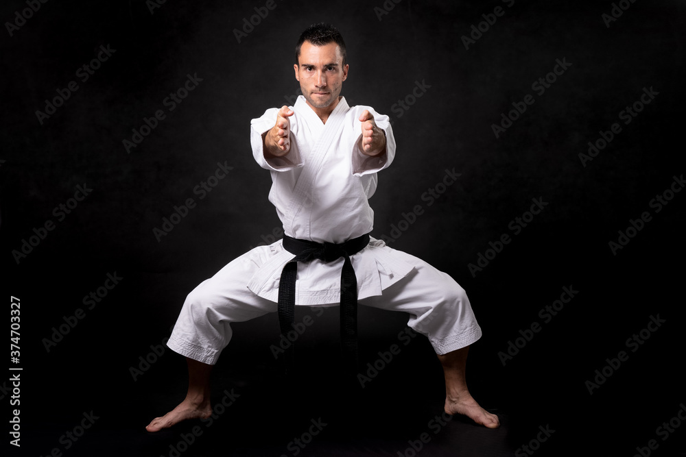 karateka practicing kata with black background karateka practicing kata with black background