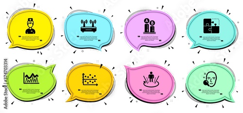 Doctor, Face search and Dot plot signs. Chat bubbles with quotes. Wifi, Augmented reality and Puzzle line icons set. Ab testing, Investment symbols. Internet router, Virtual reality. Vector