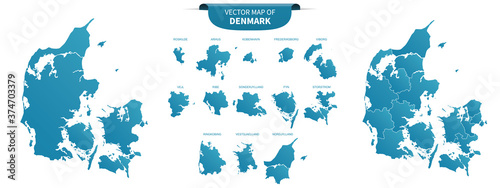 Photo blue colored political maps of Denmark isolated on white background