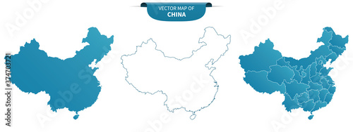 blue colored political maps of China isolated on white background