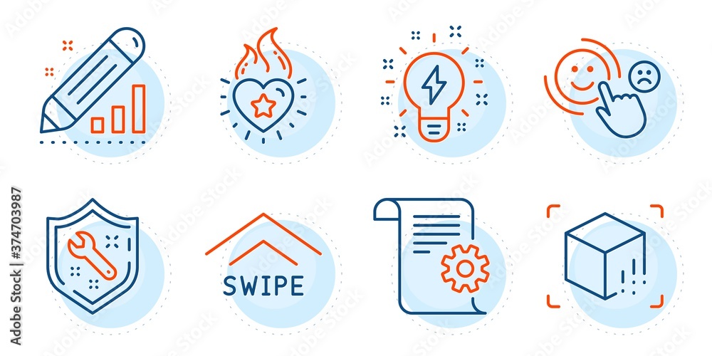 Heart flame, Spanner and Swipe up signs. Technical documentation, Customer satisfaction and Inspiration line icons set. Augmented reality, Edit statistics symbols. Manual, Happy smile. Vector