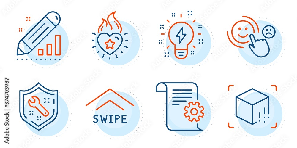 Heart flame, Spanner and Swipe up signs. Technical documentation, Customer satisfaction and Inspiration line icons set. Augmented reality, Edit statistics symbols. Manual, Happy smile. Vector Heart flame, Spanner and Swipe up signs. Technical documentation, Customer satisfaction and Inspiration line icons set. Augmented reality, Edit statistics symbols. Manual, Happy smile. Vector