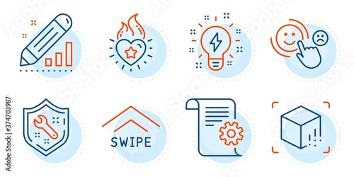 Heart flame, Spanner and Swipe up signs. Technical documentation, Customer satisfaction and Inspiration line icons set. Augmented reality, Edit statistics symbols. Manual, Happy smile. Vector