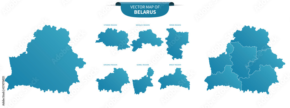 Naklejka niebieskie kolorowe mapy polityczne Białorusi na białym tle