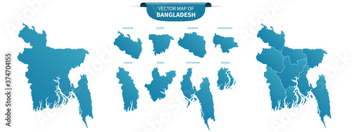blue colored political maps of Bangladesh isolated on white background