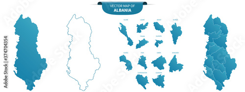 blue colored political maps of Albania isolated on white background