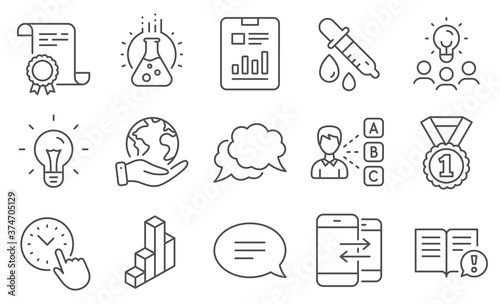 Set of Education icons, such as Chat, Report document. Diploma, ideas, save planet. Phone communication, Chemistry lab, Best rank. Opinion, Chat message, Idea. Vector