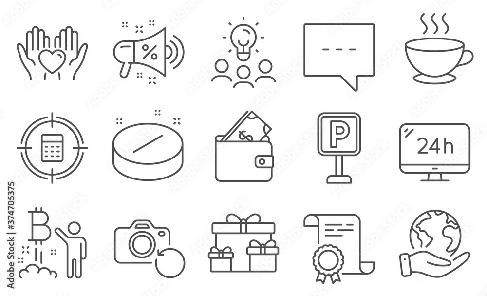 Set of Business icons, such as Surprise boxes, Coffee cup. Diploma, ideas, save planet. Sale megaphone, 24h service, Wallet. Medical tablet, Blog, Parking. Vector